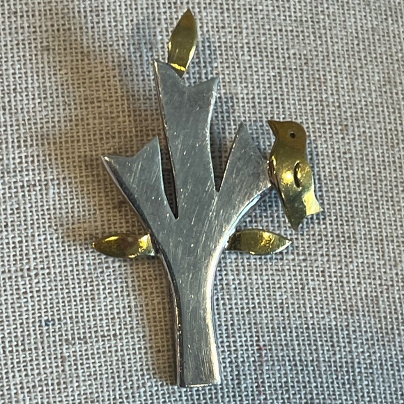 Vintage TAXCO Sterling Silver Brass Tree, leaves and Birds Brooch - Picture 1 of 7